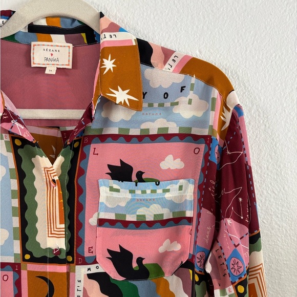 SÉZANE X PANGEA MAX SHIRT 100% Silk Button Down Long Sleeve Patchwork Multicolor - Picture 3 of 13